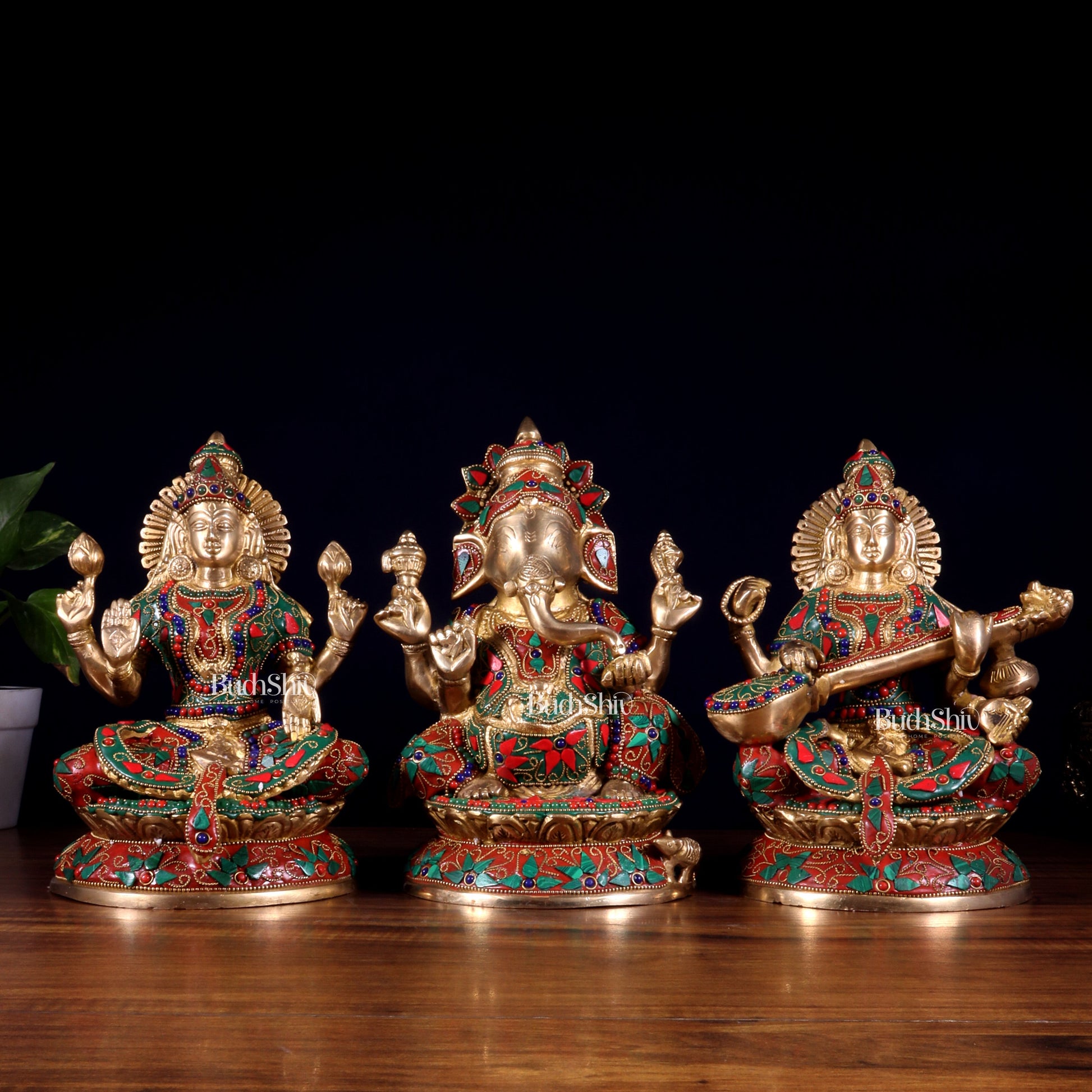 Pure Brass Ganesh Lakshmi Saraswati Idol Set – Intricate Floral Stonework 9.5 inch - Sama Homes Idol - Brass Sculpture - Eco-friendly - Sama Homes