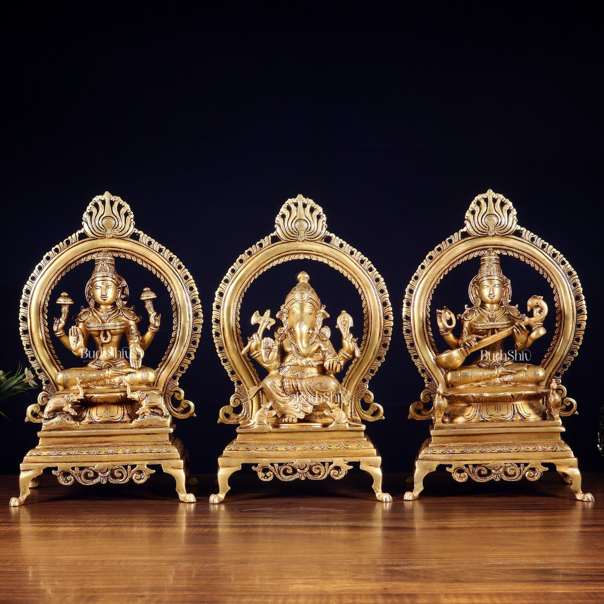 Pure Brass Ganesha, Lakshmi & Saraswati Idol Set with Prabhavali Frames 13" - Sama Homes Idol - Brass Sculpture - Eco-friendly - Sama Homes