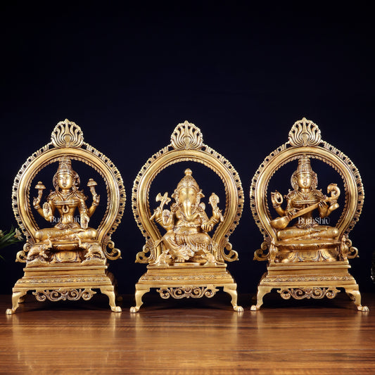 Pure Brass Ganesha, Lakshmi & Saraswati Idol Set with Prabhavali Frames 13" - Sama Homes Idol - Brass Sculpture