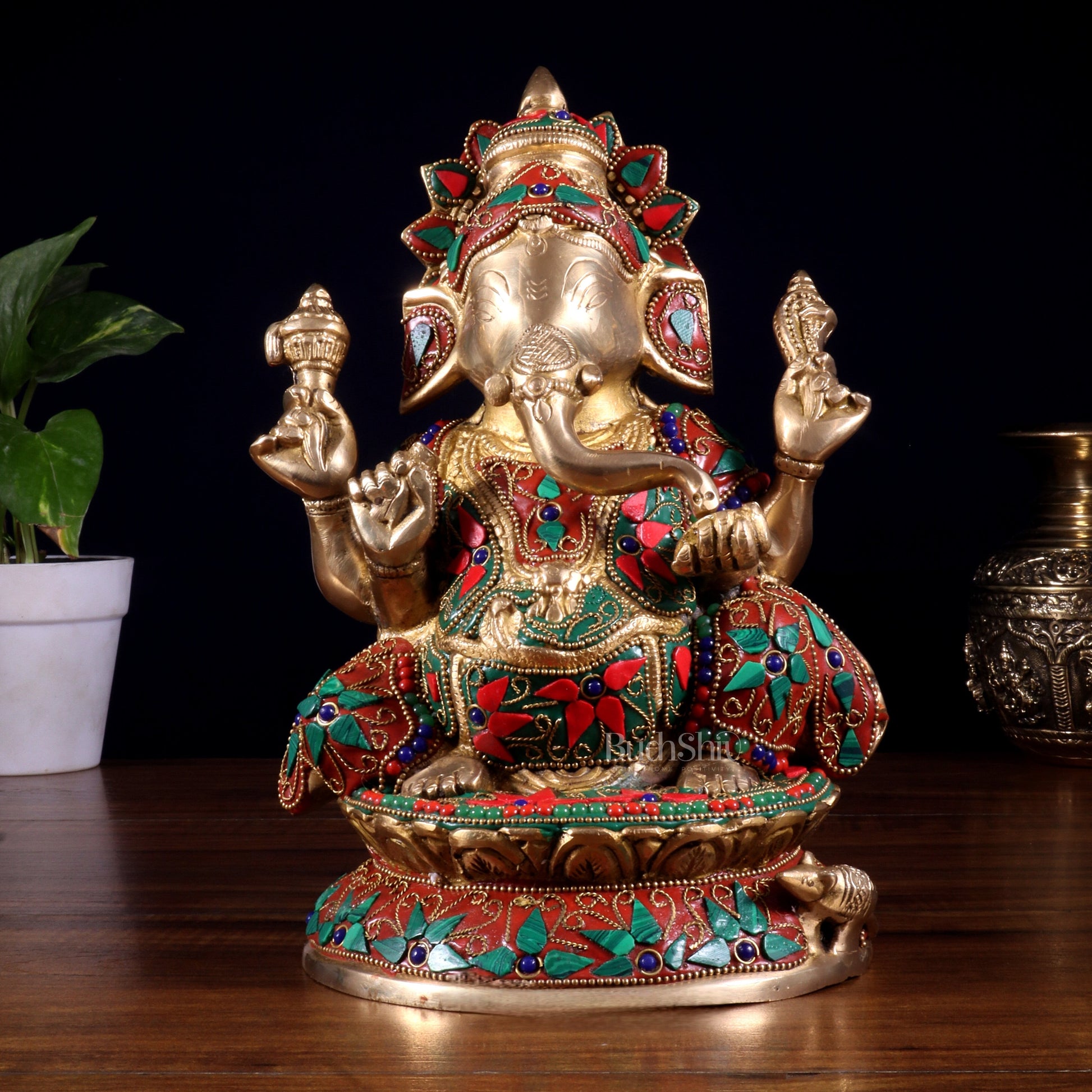 Pure Brass Lord Ganesha Idol – Intricate Floral Stonework (9.5 Inch) - Sama Homes Idol - Brass Sculpture - Eco-friendly - Sama Homes