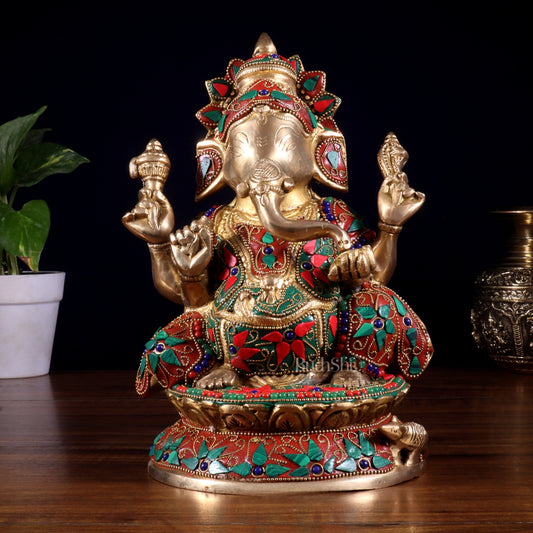 Pure Brass Lord Ganesha Idol – Intricate Floral Stonework (9.5 Inch) - Sama Homes Idol - Brass Sculpture
