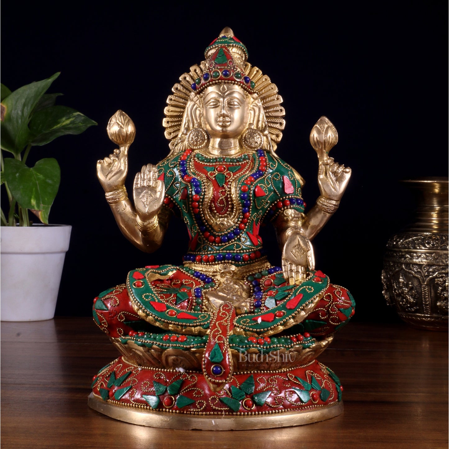 Pure Brass Goddess Lakshmi Idol – Intricate Floral Stonework 9 Inch - Sama Homes Idol - Brass Sculpture