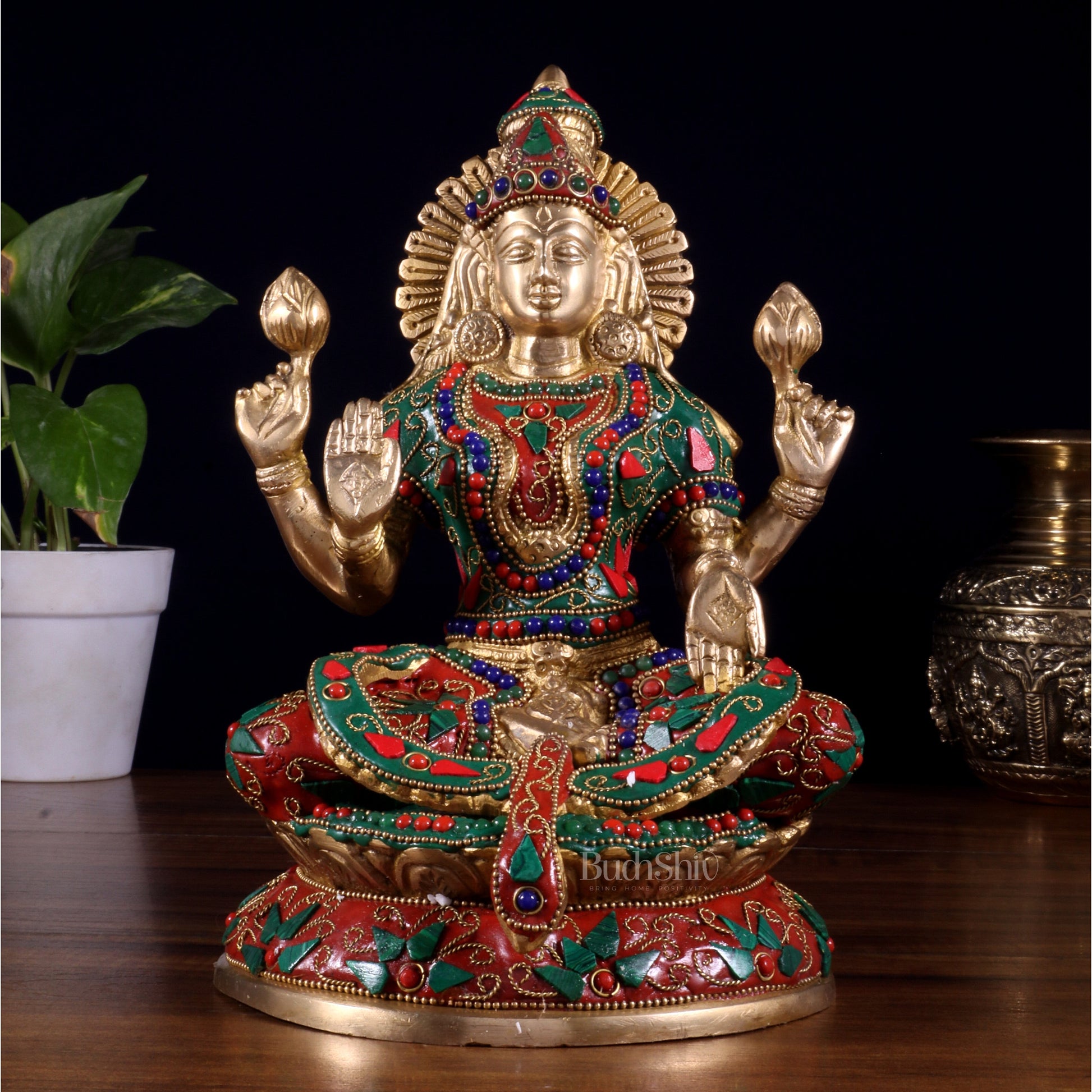 Pure Brass Goddess Lakshmi Idol – Intricate Floral Stonework 9 Inch - Sama Homes Idol - Brass Sculpture - Eco-friendly - Sama Homes
