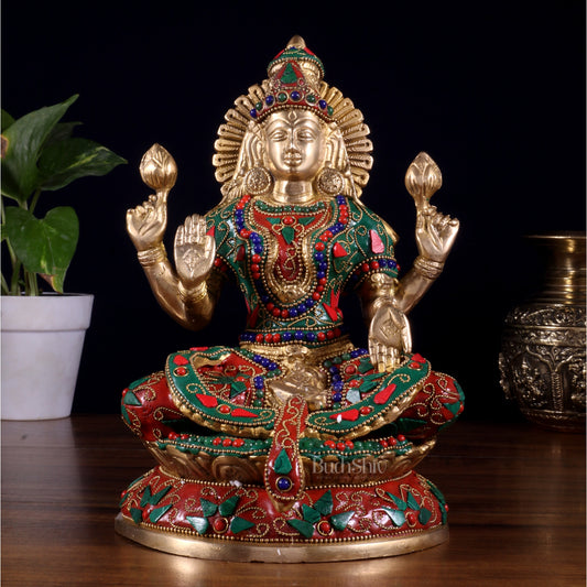Pure Brass Goddess Lakshmi Idol – Intricate Floral Stonework 9 Inch - Sama Homes Idol - Brass Sculpture