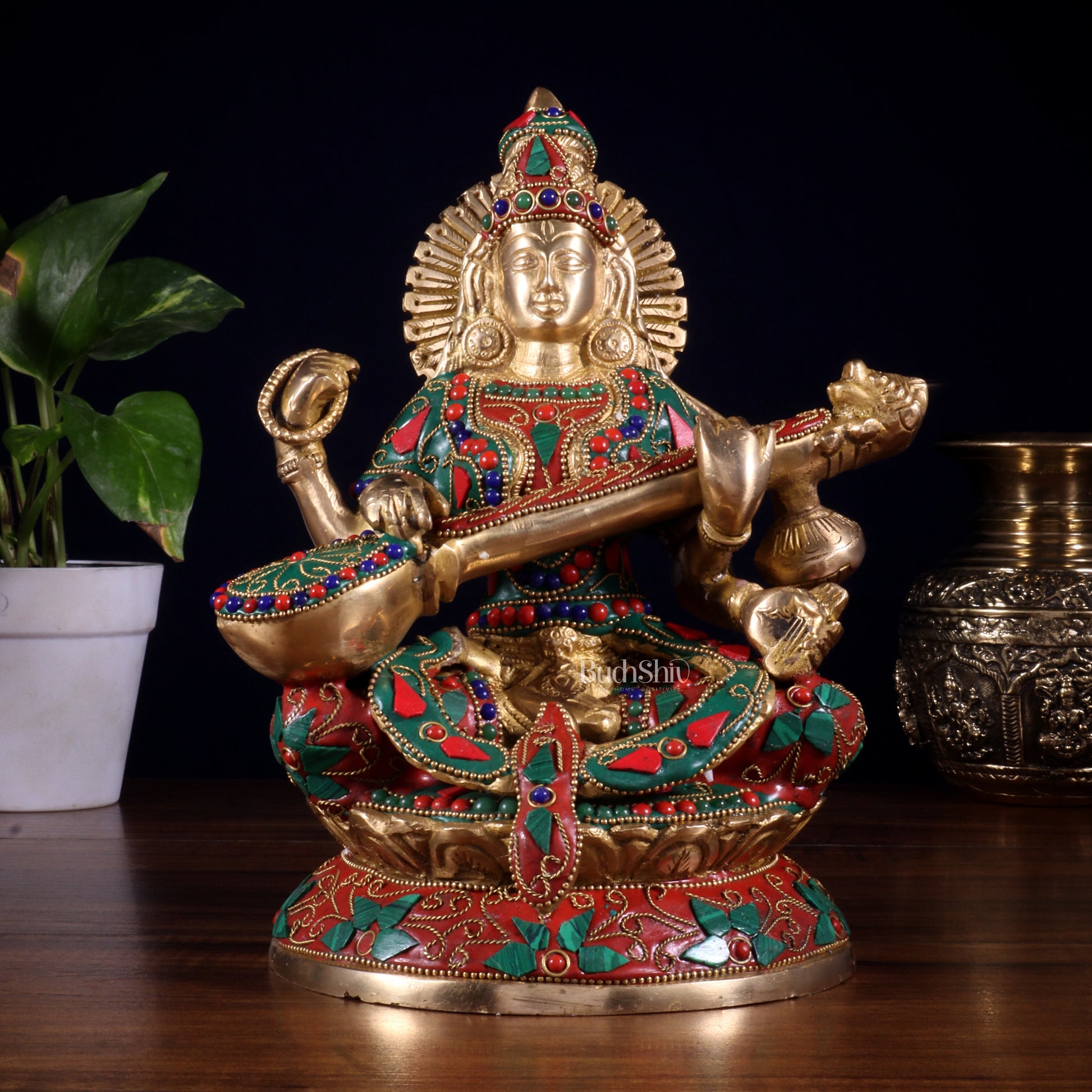 Pure Brass Goddess Saraswati Idol – Intricate Floral Stonework 9 Inch - Sama Homes Idol - Brass Sculpture - Eco-friendly - Sama Homes