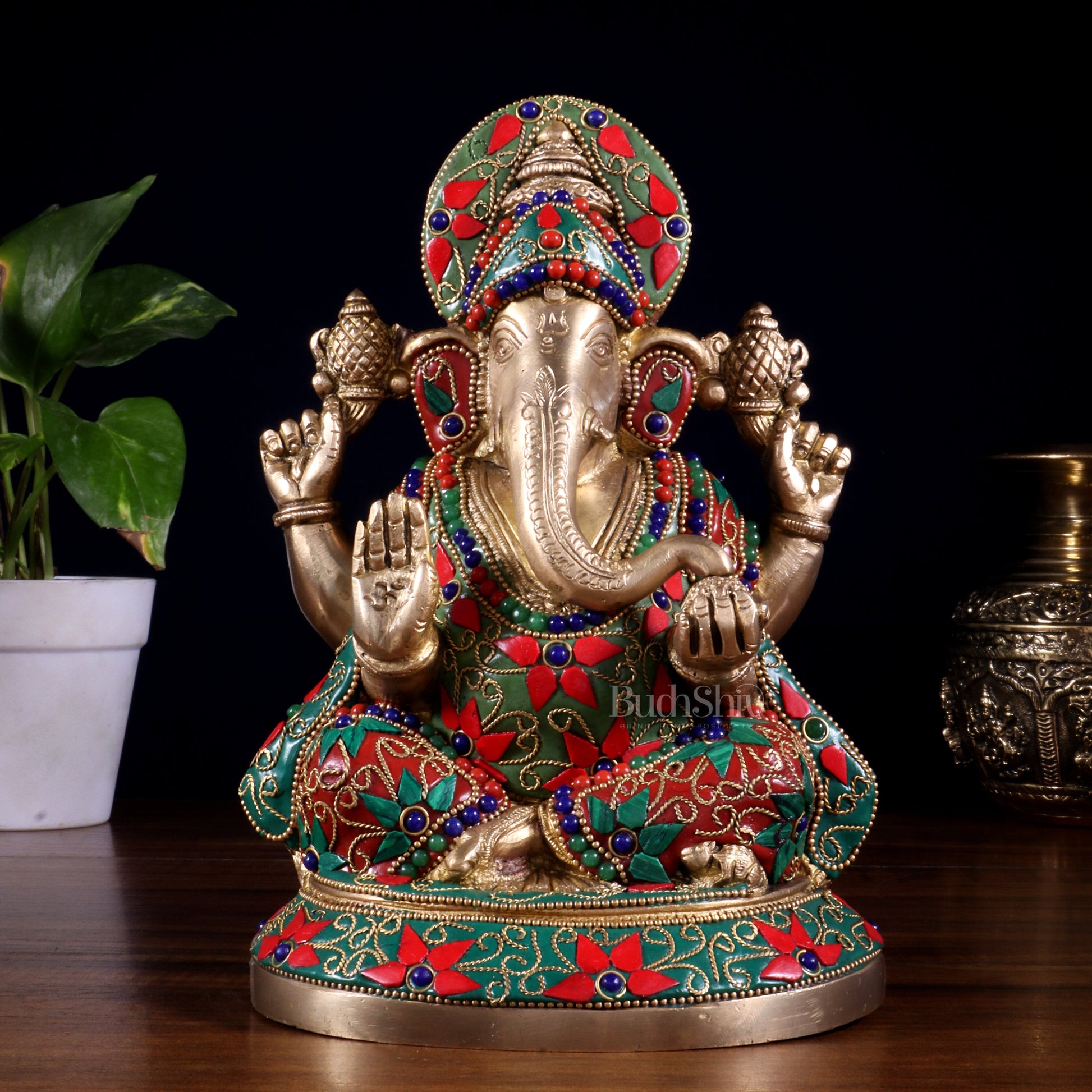 Pure Brass Lord Ganesha Statue – Unique Floral Stonework (8 Inch) - Sama Homes Idol - Brass Sculpture - Eco-friendly - Sama Homes