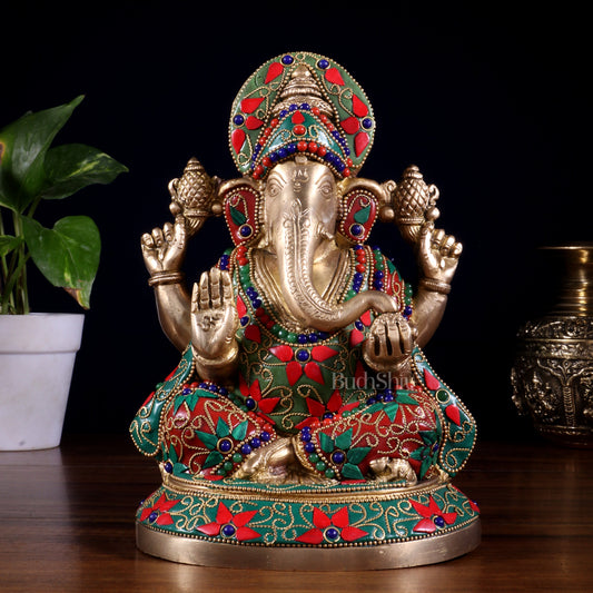 Pure Brass Lord Ganesha Statue – Unique Floral Stonework (8 Inch) - Sama Homes Idol - Brass Sculpture