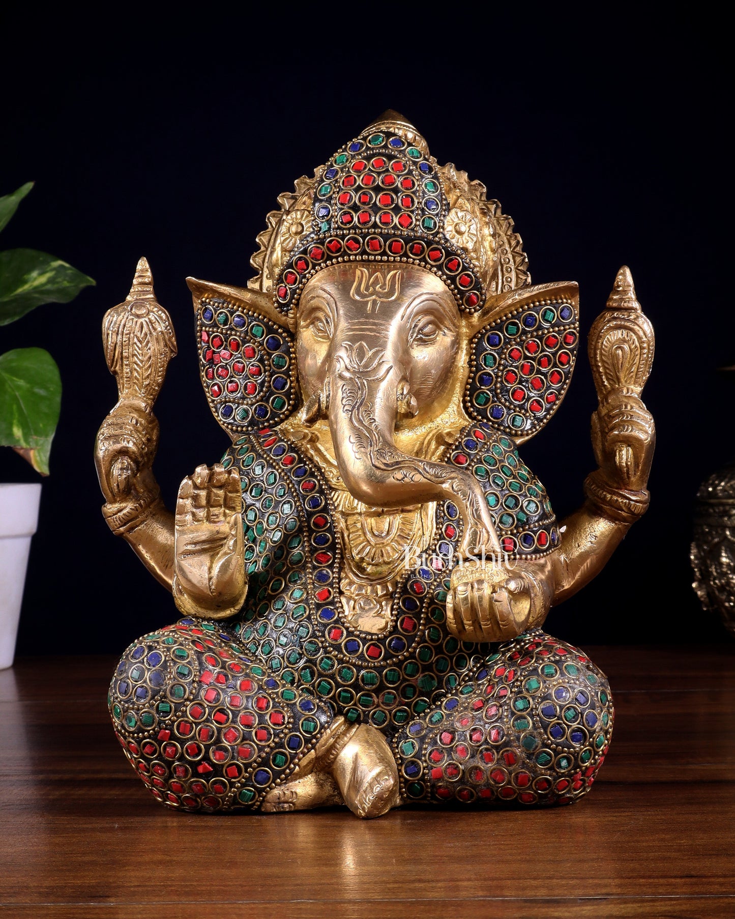 Pure Brass Lord Ganesha Statue with Rings & Stonework – 7.5 Inch - Sama Homes Idol - Brass Sculpture