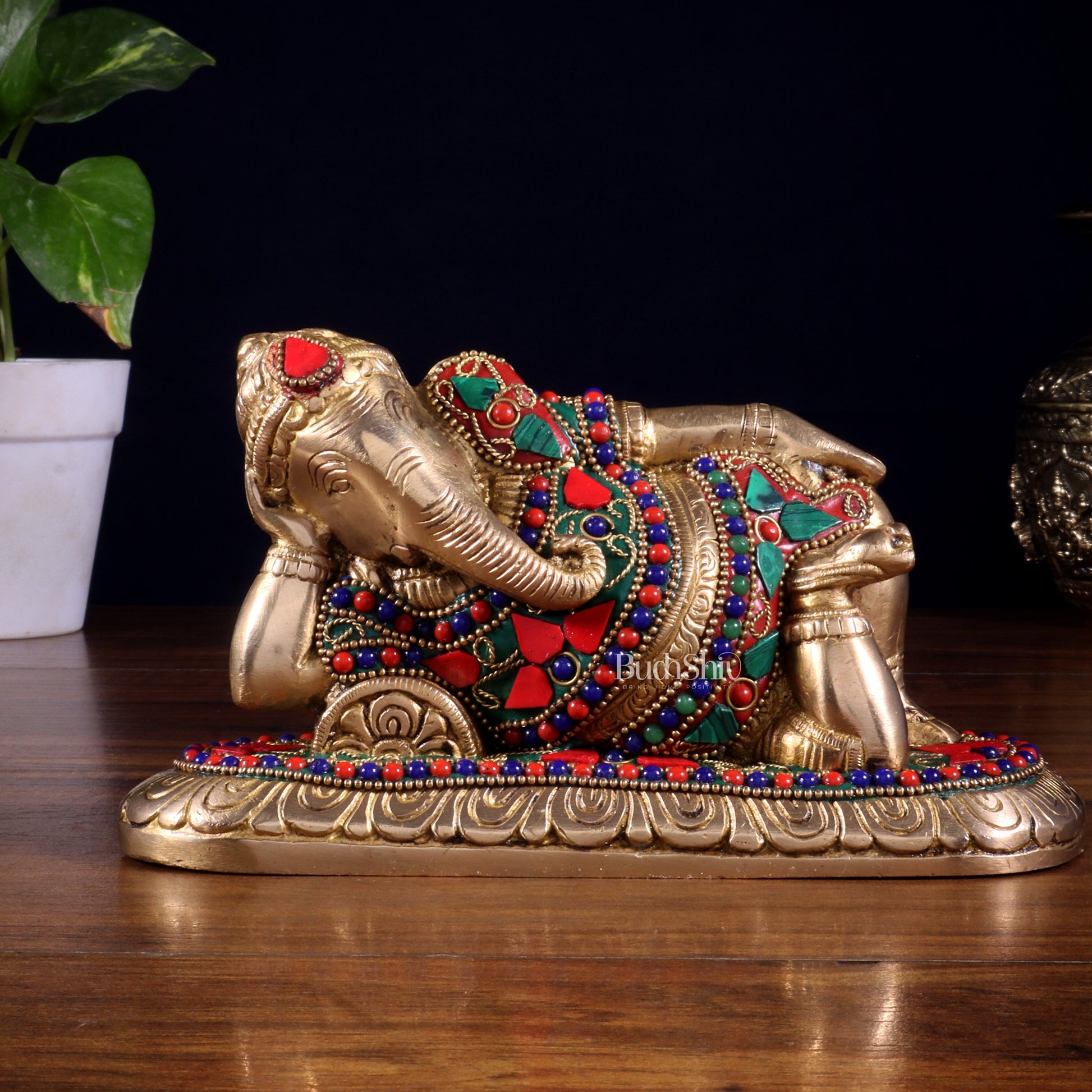 Brass Resting Lord Ganesha Statue 7.5" floral stonework | 100% Certified Copper & Brass - Sama Homes Idol - Brass Sculpture - Eco-friendly - Sama Homes