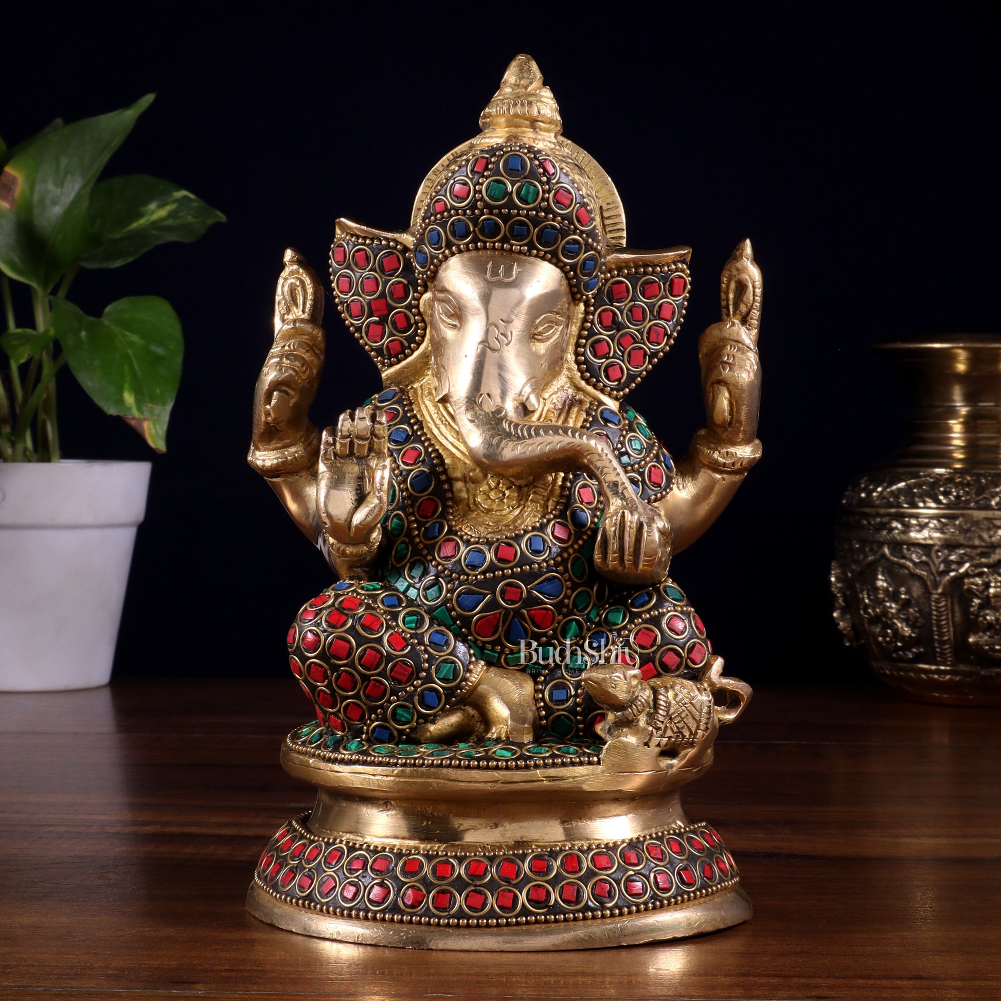 Pure Brass Taj Ganesha Statue with Round Base 7" with stonework - Sama Homes Idol - Brass Sculpture - Eco-friendly - Sama Homes