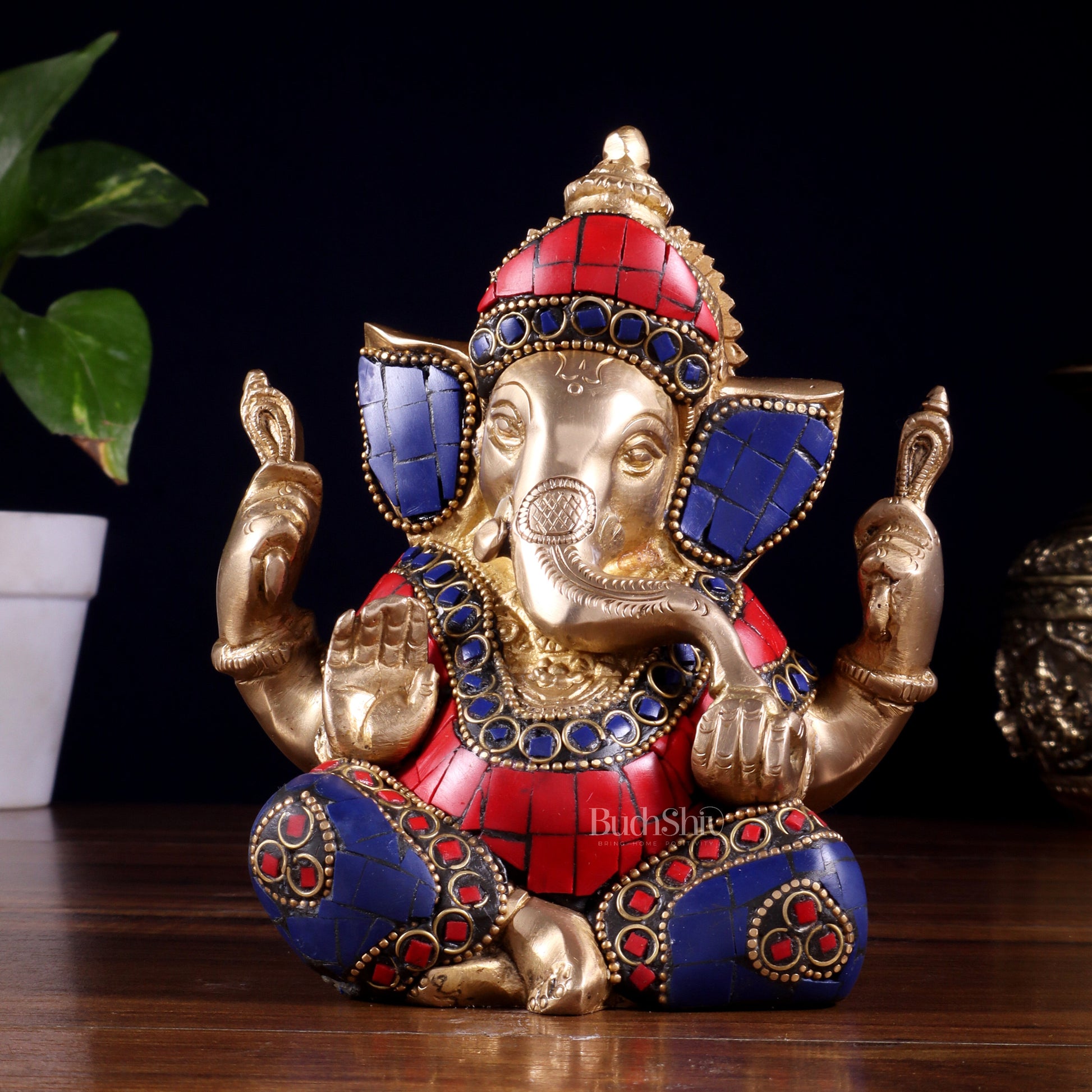 Ganesha Brass Sculpture with stonework 6 inch - Sama Homes Idol - Brass Sculpture - Eco-friendly - Sama Homes