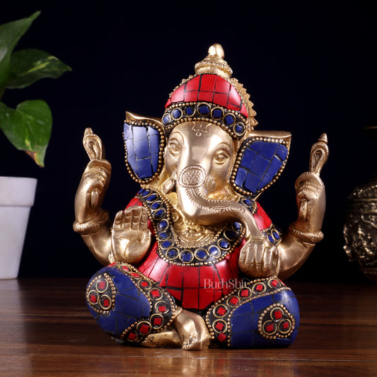 Ganesha Brass Sculpture with stonework 6 inch - Sama Homes Idol - Brass Sculpture