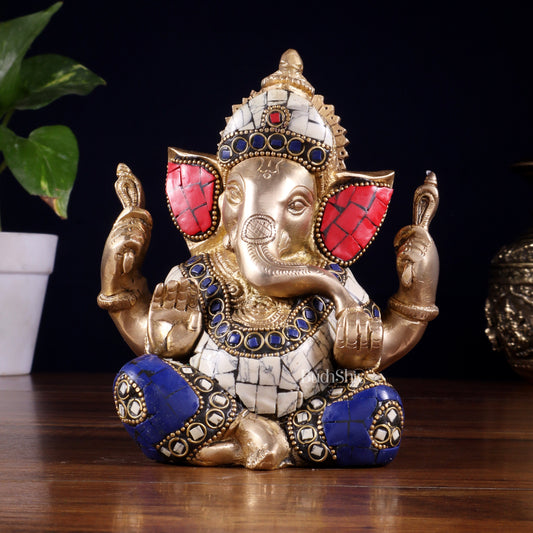 Ganesha Brass statue with stonework 6 inch - Sama Homes Idol - Brass Sculpture