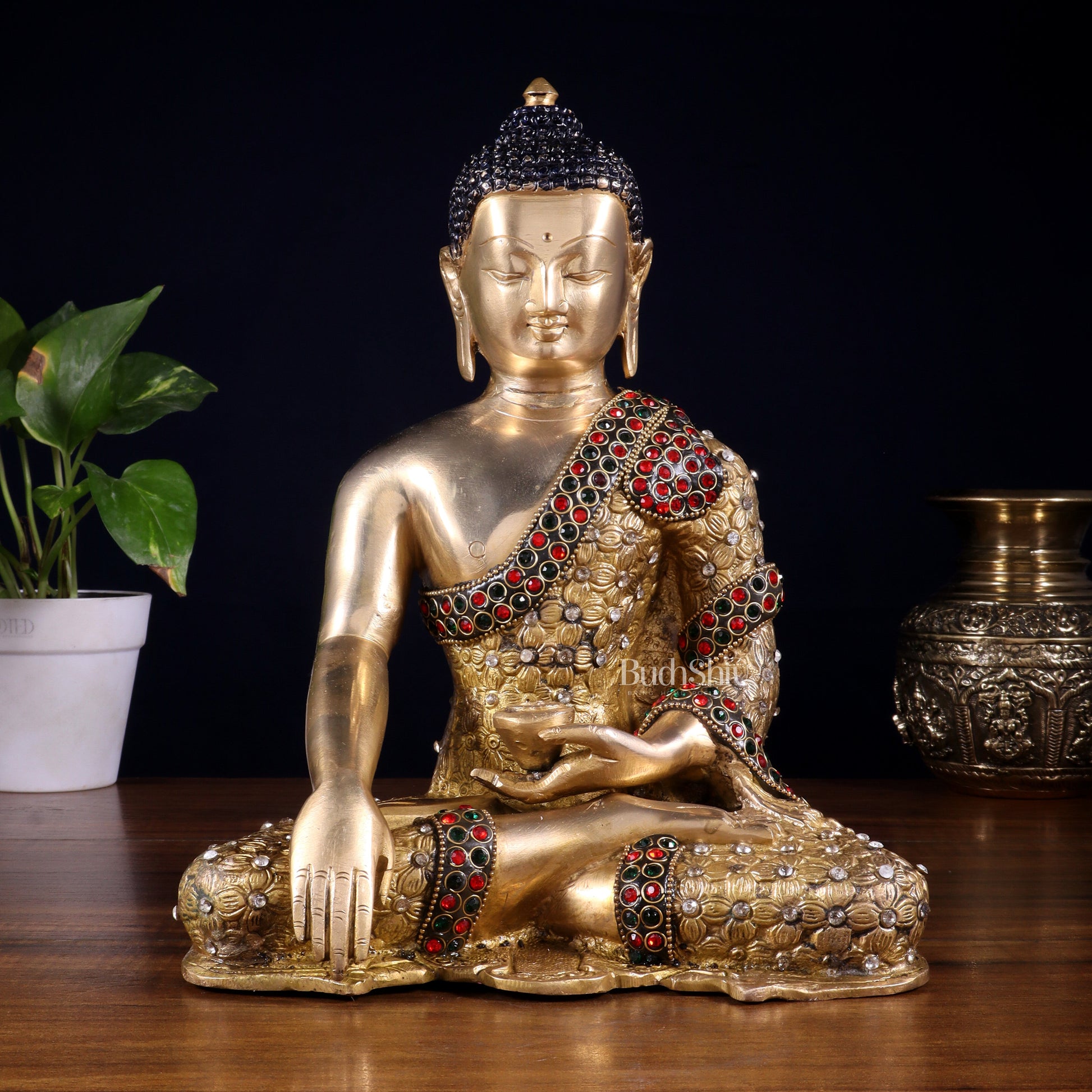 Pure Brass Bhumisparsha Buddha Statue with Nepalese Stonework – 10.5 Inch - Sama Homes Idol - Brass Sculpture - Eco-friendly - Sama Homes