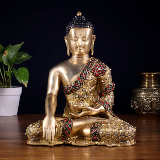 Pure Brass Bhumisparsha Buddha Statue with Nepalese Stonework – 10.5 Inch - Sama Homes Idol - Brass Sculpture