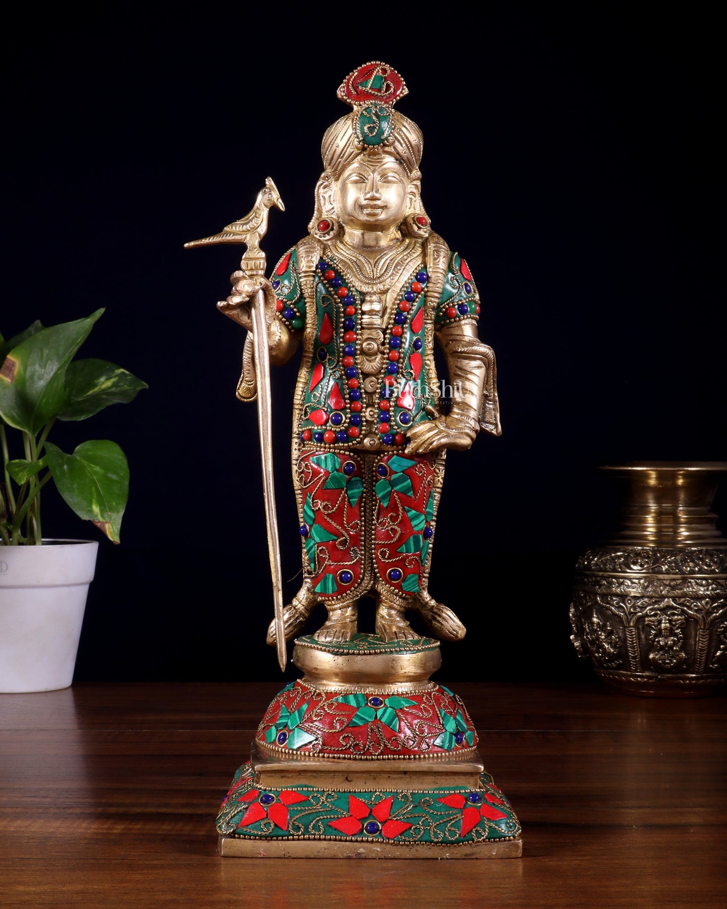 Pure Brass Palani Raja Alangaram Murugan Statue - 12" meenakari Stonework - Sama Homes Idol - Brass Sculpture