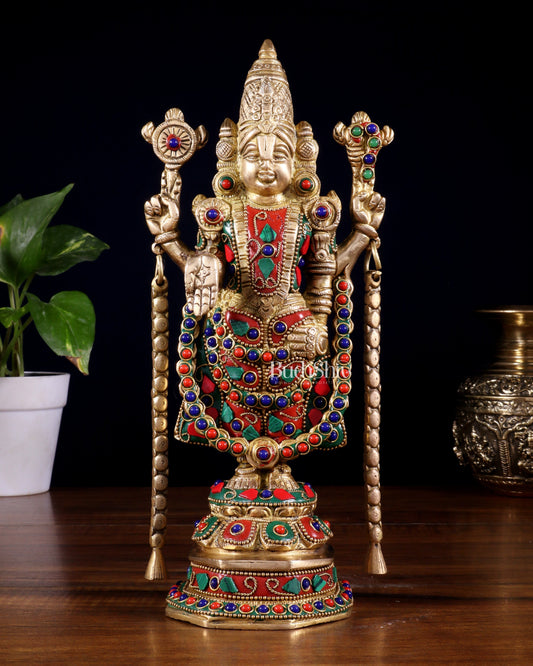 Brass Tirupati Balaji Statue 11 inch with meenakari Stonework - Sama Homes Idol - Brass Sculpture