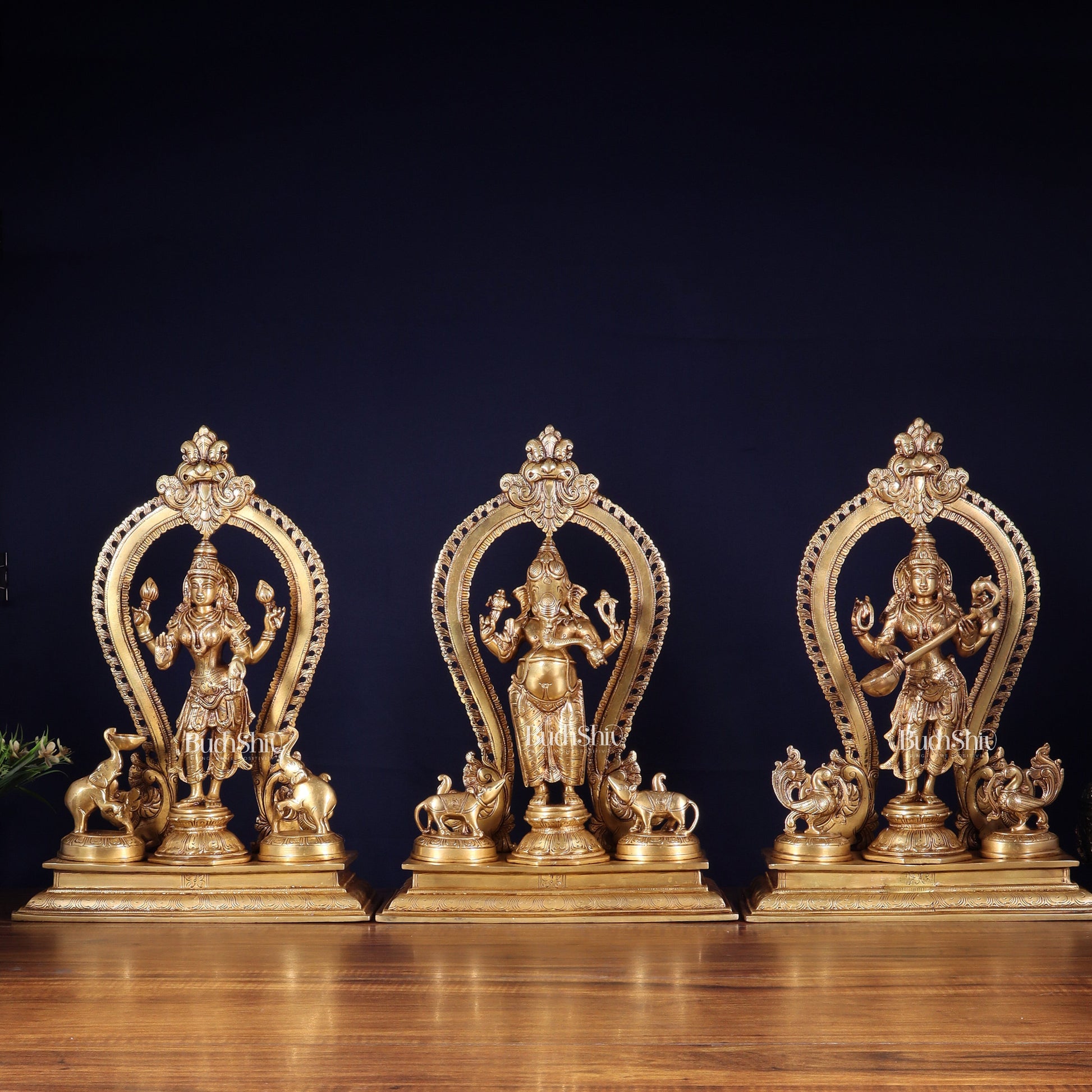 Pure Brass Standing Ganesha Lakshmi Saraswati Idol Set | 15” - Sama Homes Idol - Brass Sculpture - Eco-friendly - Sama Homes