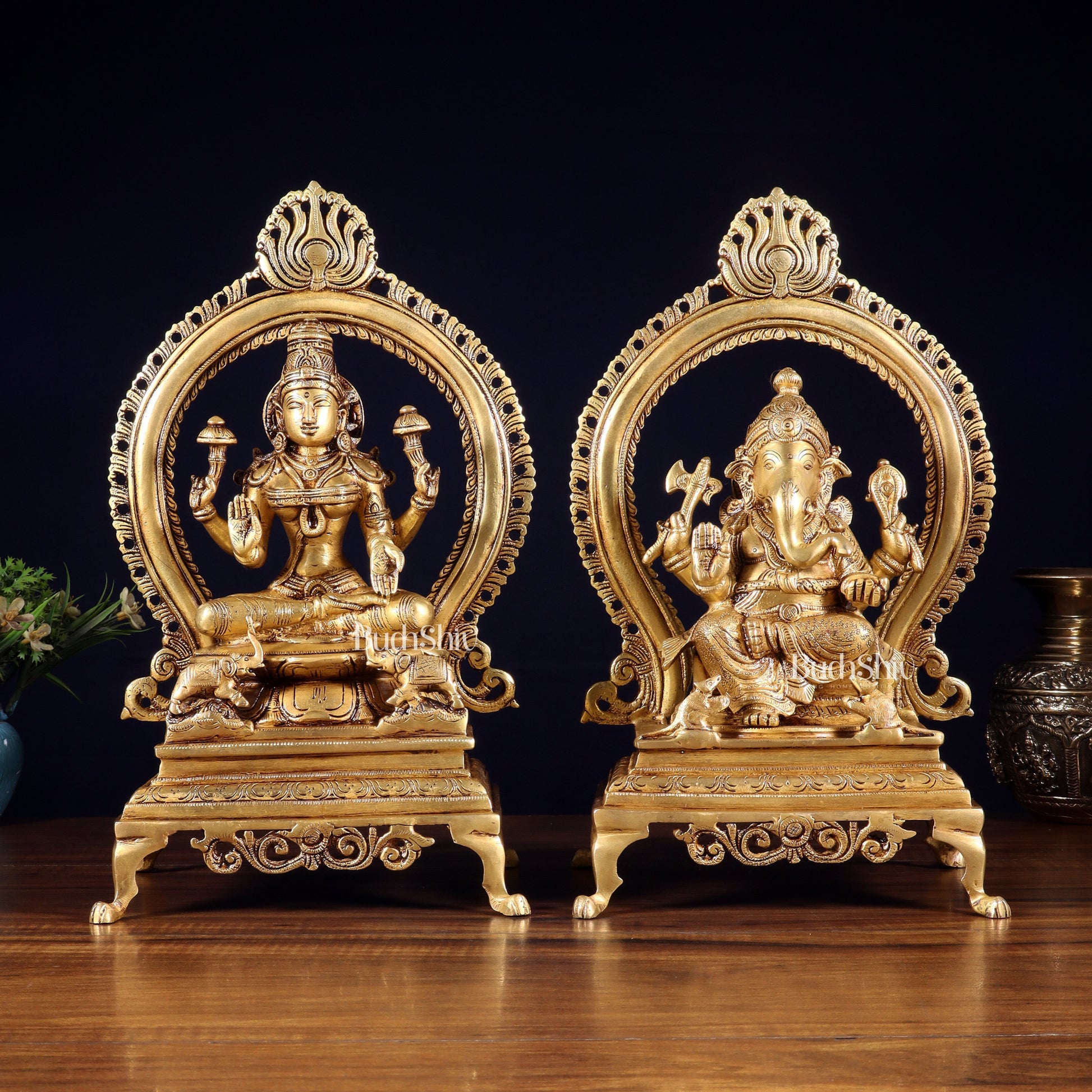 Pure Brass Seated Ganesha Lakshmi Idol Pair | 13” - Sama Homes Idol - Brass Sculpture - Eco-friendly - Sama Homes