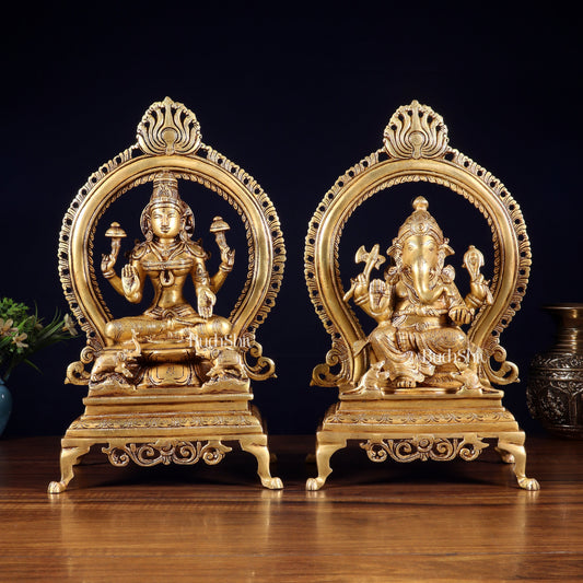 Pure Brass Seated Ganesha Lakshmi Idol Pair | 13” - Sama Homes Idol - Brass Sculpture