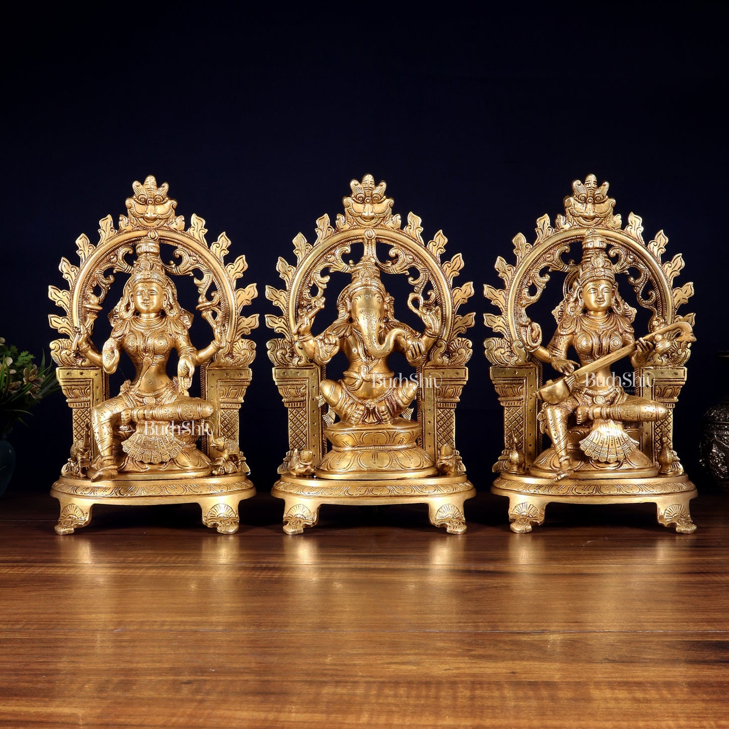 Pure Brass Ganesh, Lakshmi, Saraswati with Prabhavali Idols 12" - Sama Homes Idol - Brass Sculpture