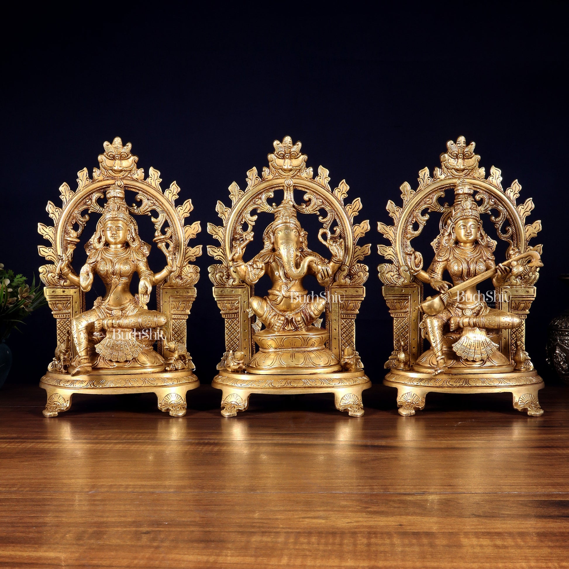 Pure Brass Ganesh, Lakshmi, Saraswati with Prabhavali Idols 12" - Sama Homes Idol - Brass Sculpture - Eco-friendly - Sama Homes
