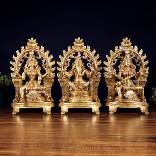 Pure Brass Ganesh, Lakshmi, Saraswati with Prabhavali Idols 12" - Sama Homes Idol - Brass Sculpture