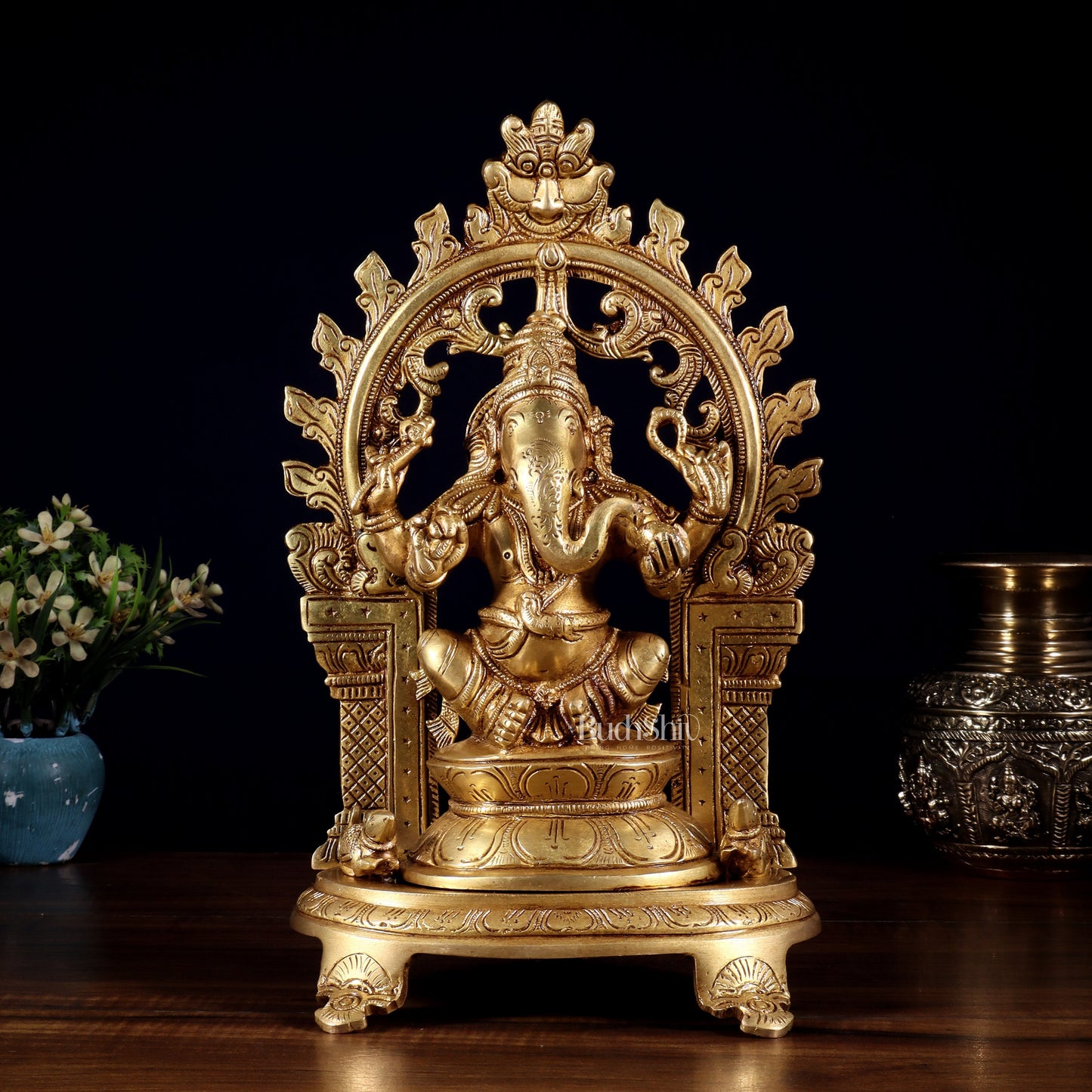 Pure Brass Lord Ganesha Idol with Prabhavali | 12 Inch - Sama Homes Idol - Brass Sculpture