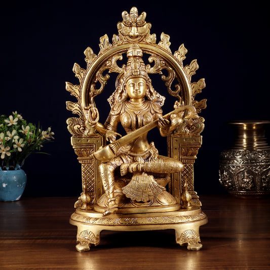 Pure Brass Goddess Saraswati Idol with Prabhavali | 12 Inch - Sama Homes Idol - Brass Sculpture