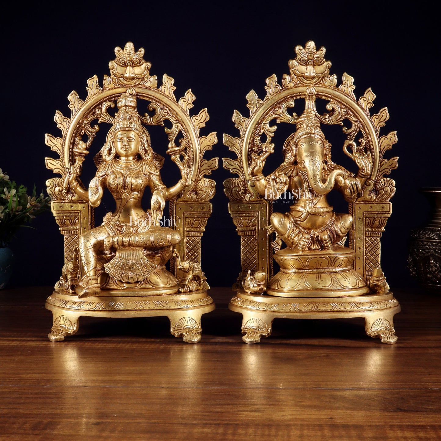 Pure Brass Lord Ganesha & Goddess Lakshmi Idol Pair with Prabhavali | 12 Inch - Sama Homes Idol - Brass Sculpture