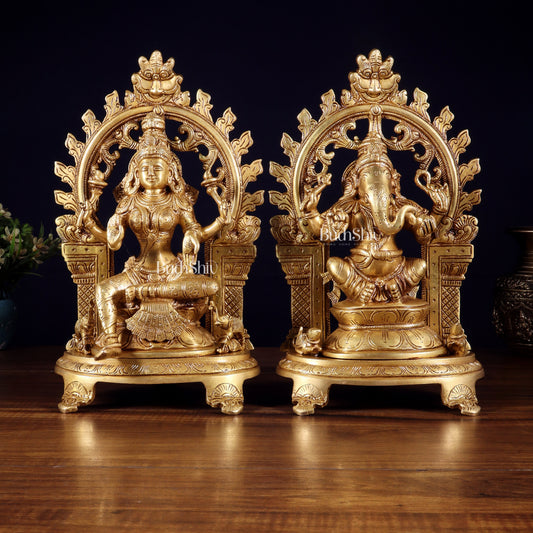 Pure Brass Lord Ganesha & Goddess Lakshmi Idol Pair with Prabhavali | 12 Inch - Sama Homes Idol - Brass Sculpture