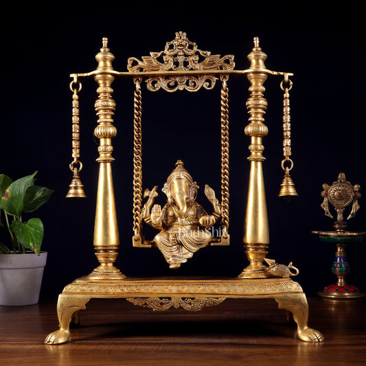 Pure Brass Lord Ganesha on Swing | Superfine Quality | 16 Inch - Sama Homes Idol - Brass Sculpture