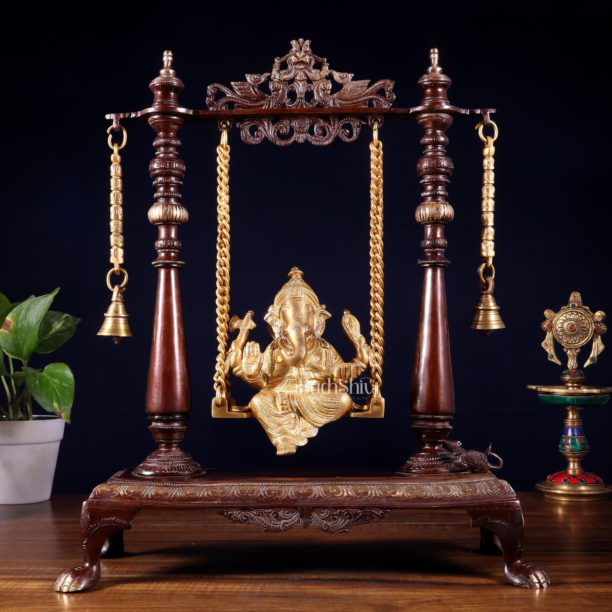 Pure Brass Lord Ganesha on Swing | Superfine Quality | 16 Inch dual tone - Sama Homes Idol - Brass Sculpture - Eco-friendly - Sama Homes