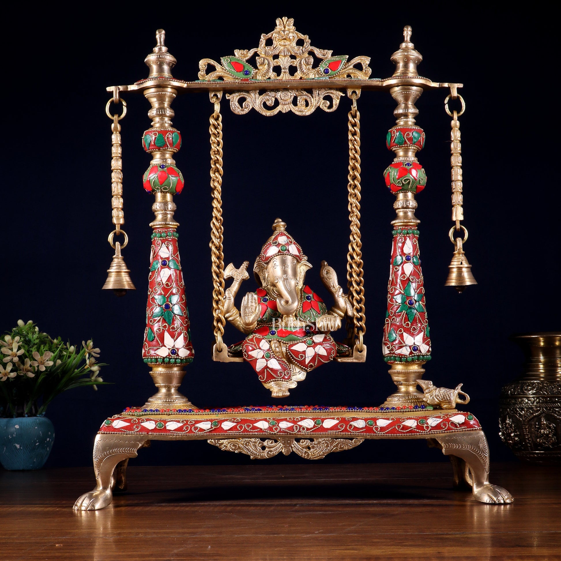 Pure Brass Lord Ganesha on Swing | with meenakari| 16 Inch - Sama Homes Idol - Brass Sculpture - Eco-friendly - Sama Homes