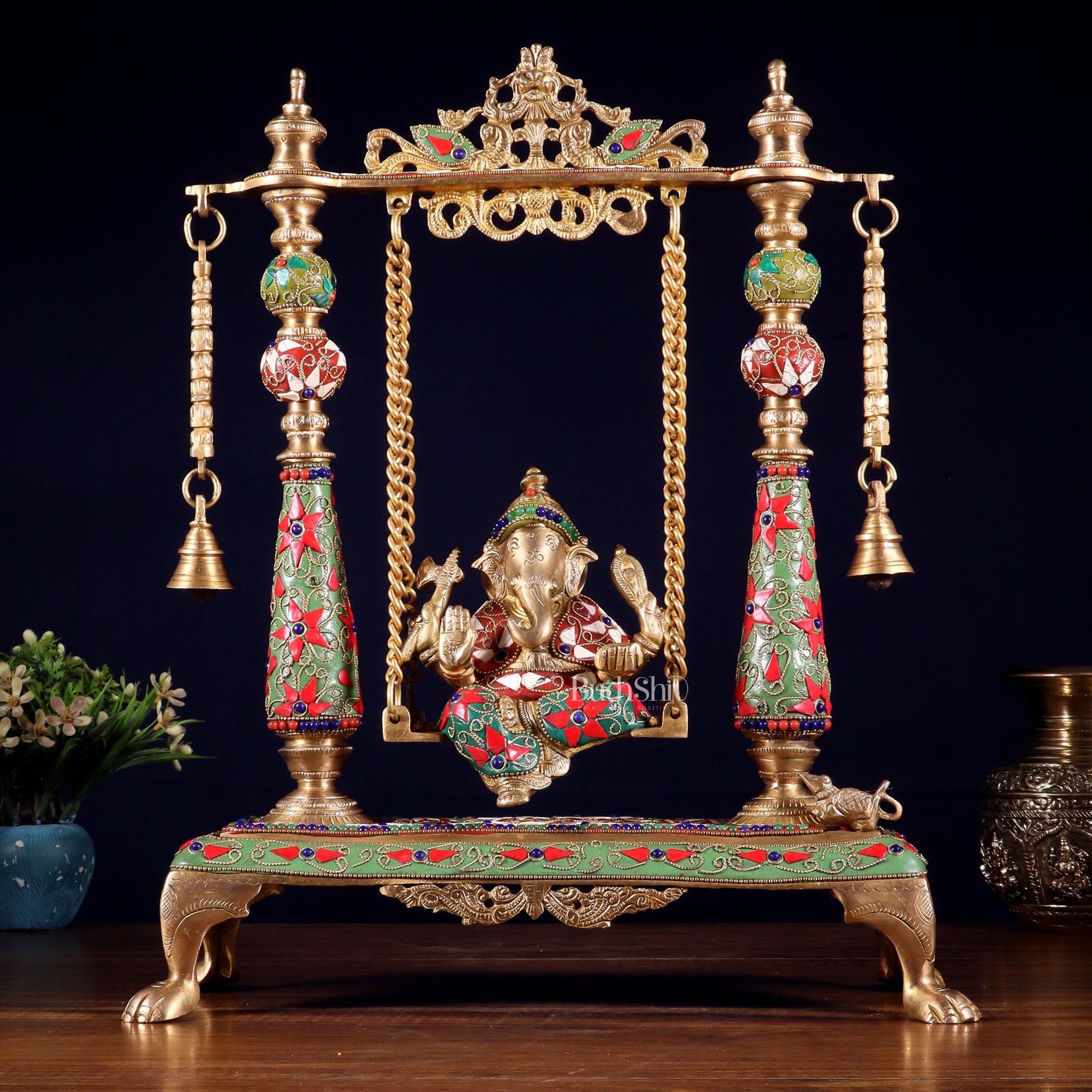 Pure Brass Lord Ganesha on Swing | with meenakari| 16 Inch - Sama Homes Idol - Brass Sculpture - Eco-friendly - Sama Homes