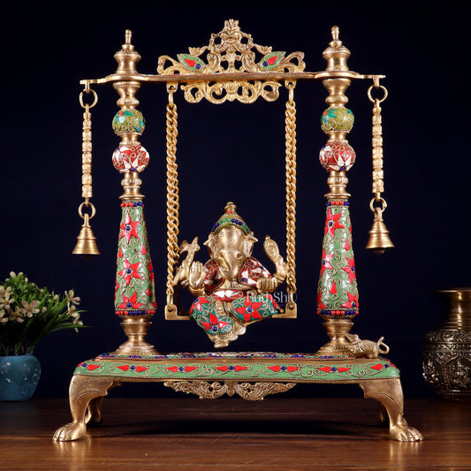 Pure Brass Lord Ganesha on Swing | with meenakari| 16 Inch - Sama Homes Idol - Brass Sculpture