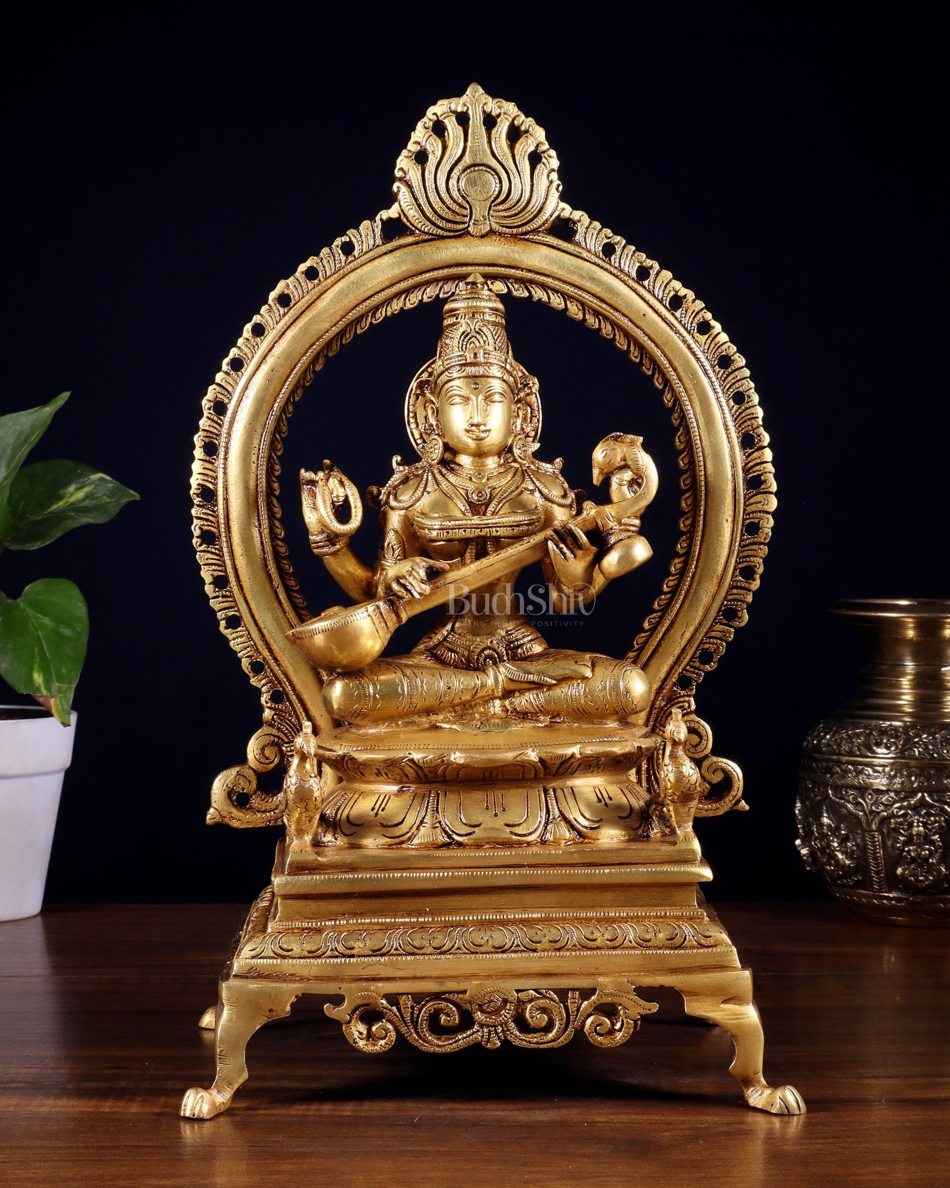 Pure Brass Goddess Saraswati Idol with Prabhavali | 13 Inch - Sama Homes Idol - Brass Sculpture - Eco-friendly - Sama Homes