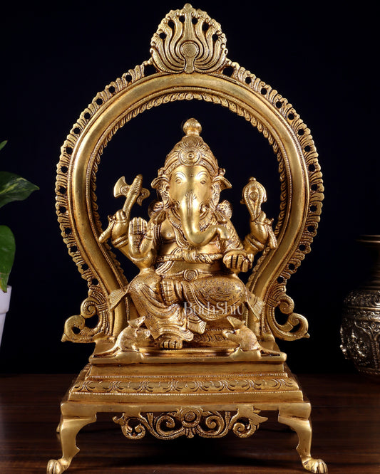 Pure Brass Lord Ganesha Idol with Prabhavali | 13 Inch - Sama Homes Idol - Brass Sculpture