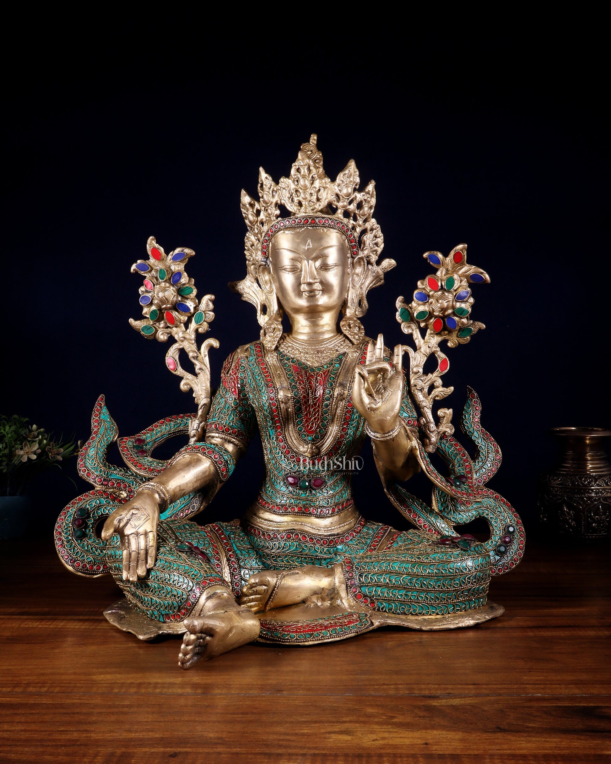 Large Brass Green Tara Statue with Nepalese Meenakari & Stonework | 18.5 Inch - Sama Homes Idol - Brass Sculpture - Eco-friendly - Sama Homes