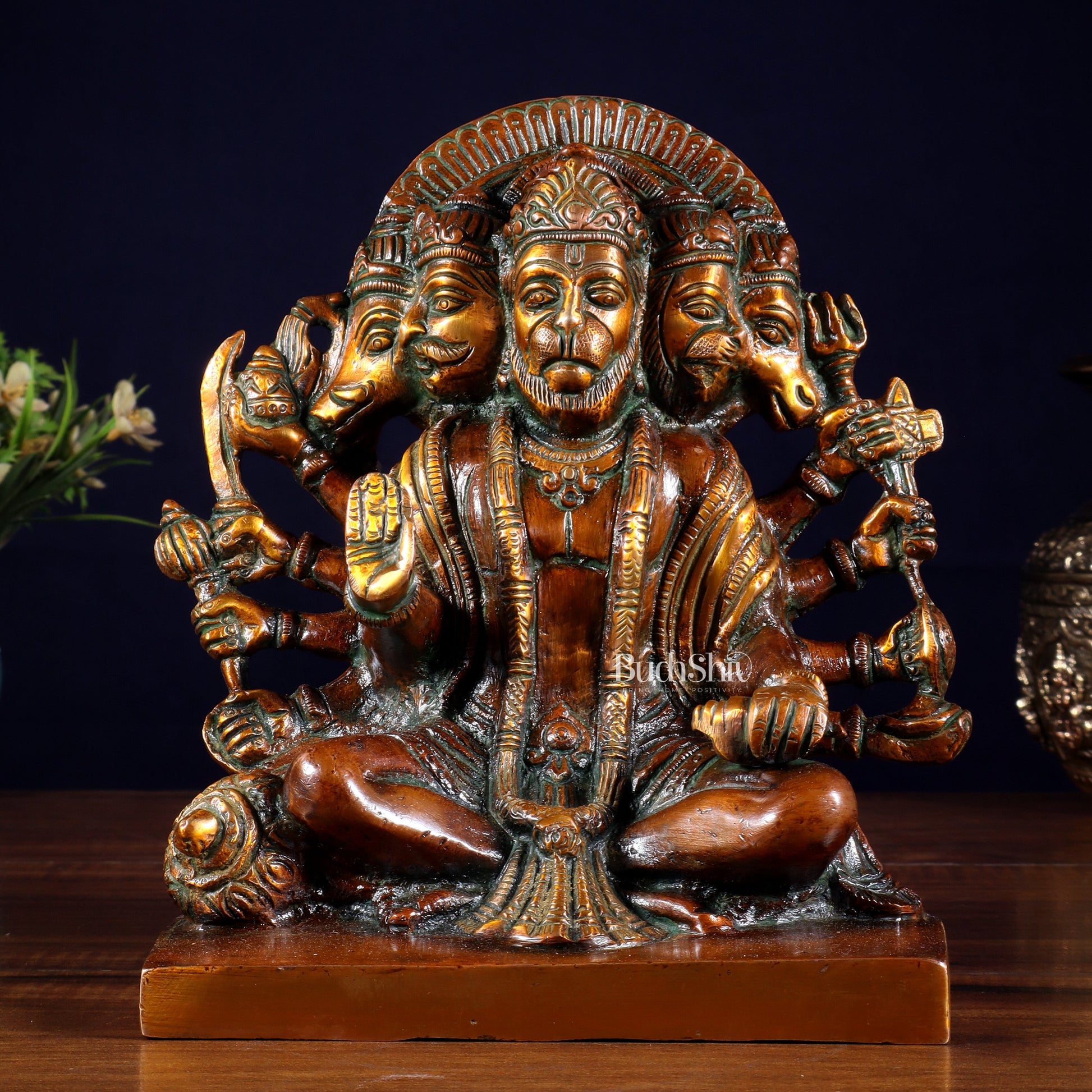 Pure Brass Panchmukhi Hanuman Statue – Chola Finish 7.5 Inch - Sama Homes Idol - Brass Sculpture - Eco-friendly - Sama Homes
