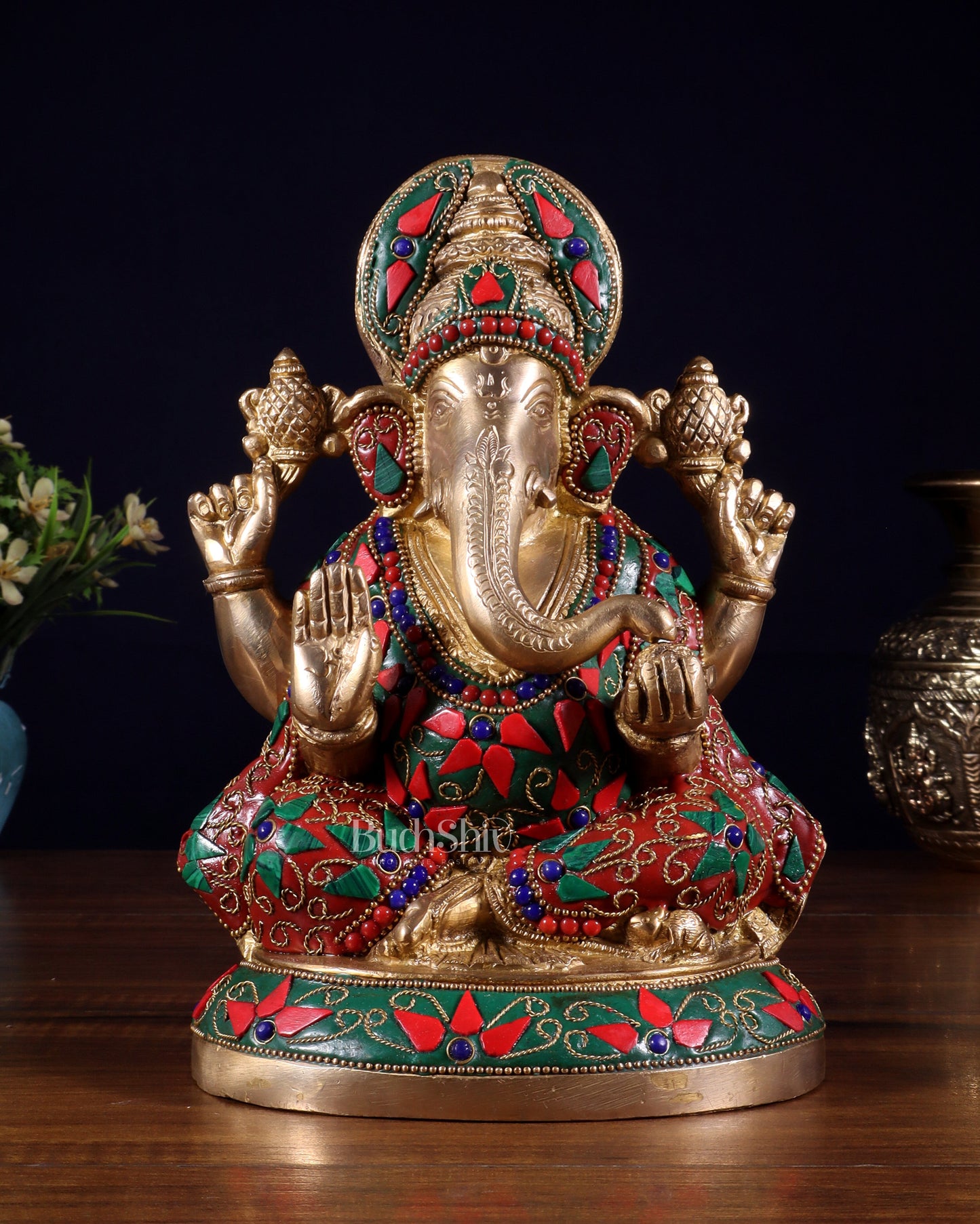 Pure Brass Lord Ganesha Statue – Unique Floral Stonework (8 Inch) - Sama Homes Idol - Brass Sculpture