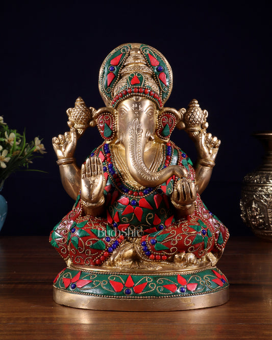 Pure Brass Lord Ganesha Statue – Unique Floral Stonework (8 Inch) - Sama Homes Idol - Brass Sculpture