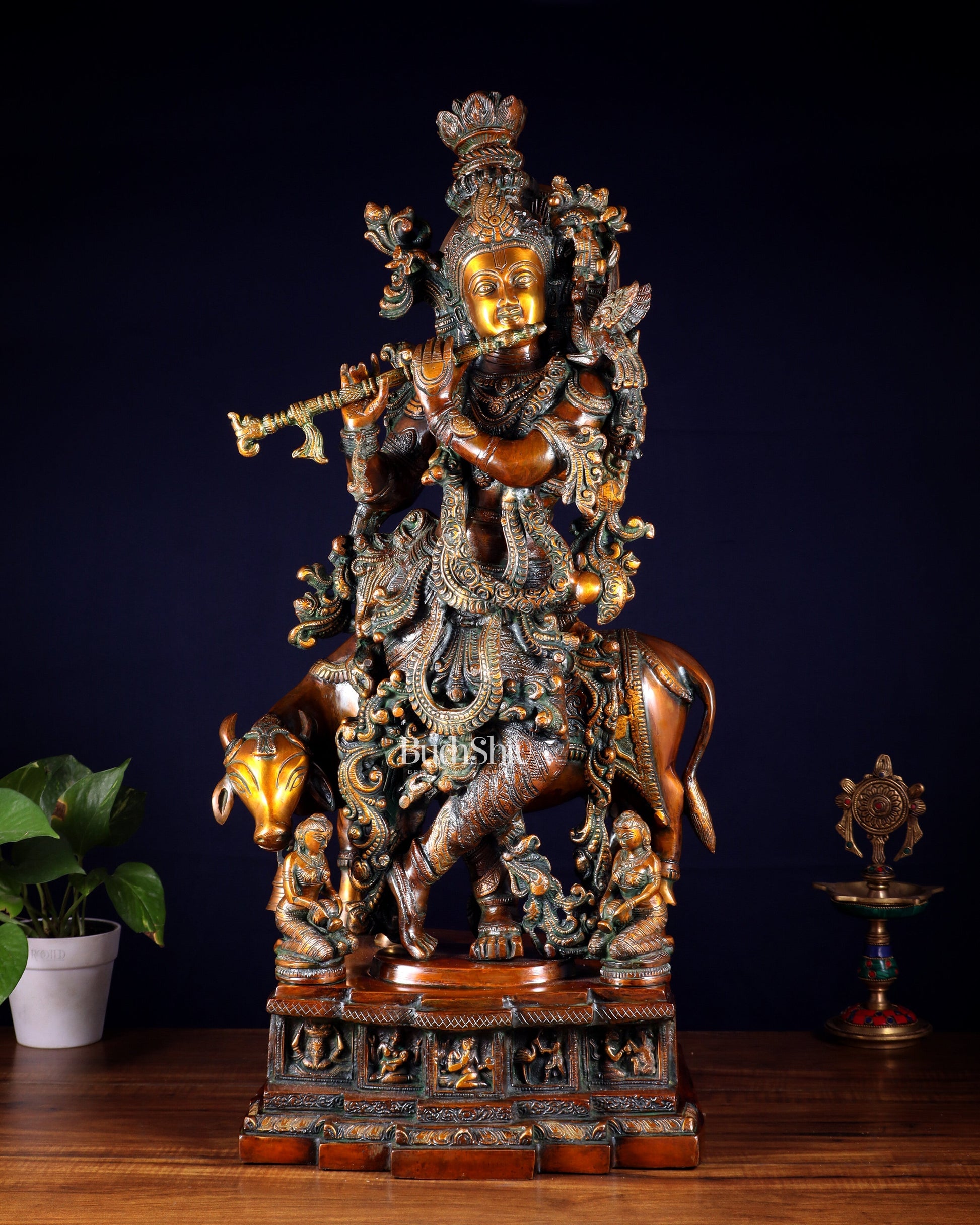 Brass large Krishna with cow statue 28" double chola tone | 100% Certified Copper & Brass - Sama Homes Idol - Brass Sculpture - Eco-friendly - Sama Homes