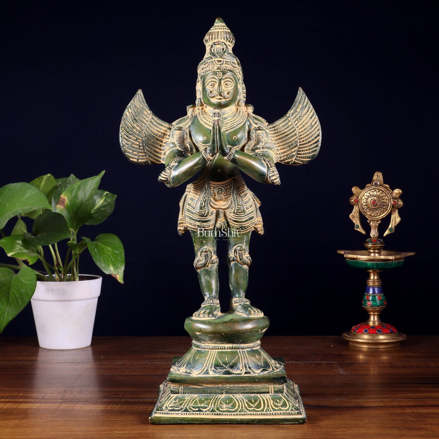 Pure Brass Vintage Standing Garuda Dev Statue – Green Patina Finish | 15.5 Inch - Sama Homes Idol - Brass Sculpture