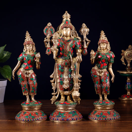 Brass Lord Vishnu with Bhudevi and Sridevi Statues – meenakari Stonework, 13" | 100% Certified Copper & Brass - Sama Homes Idol - Brass Sculpture