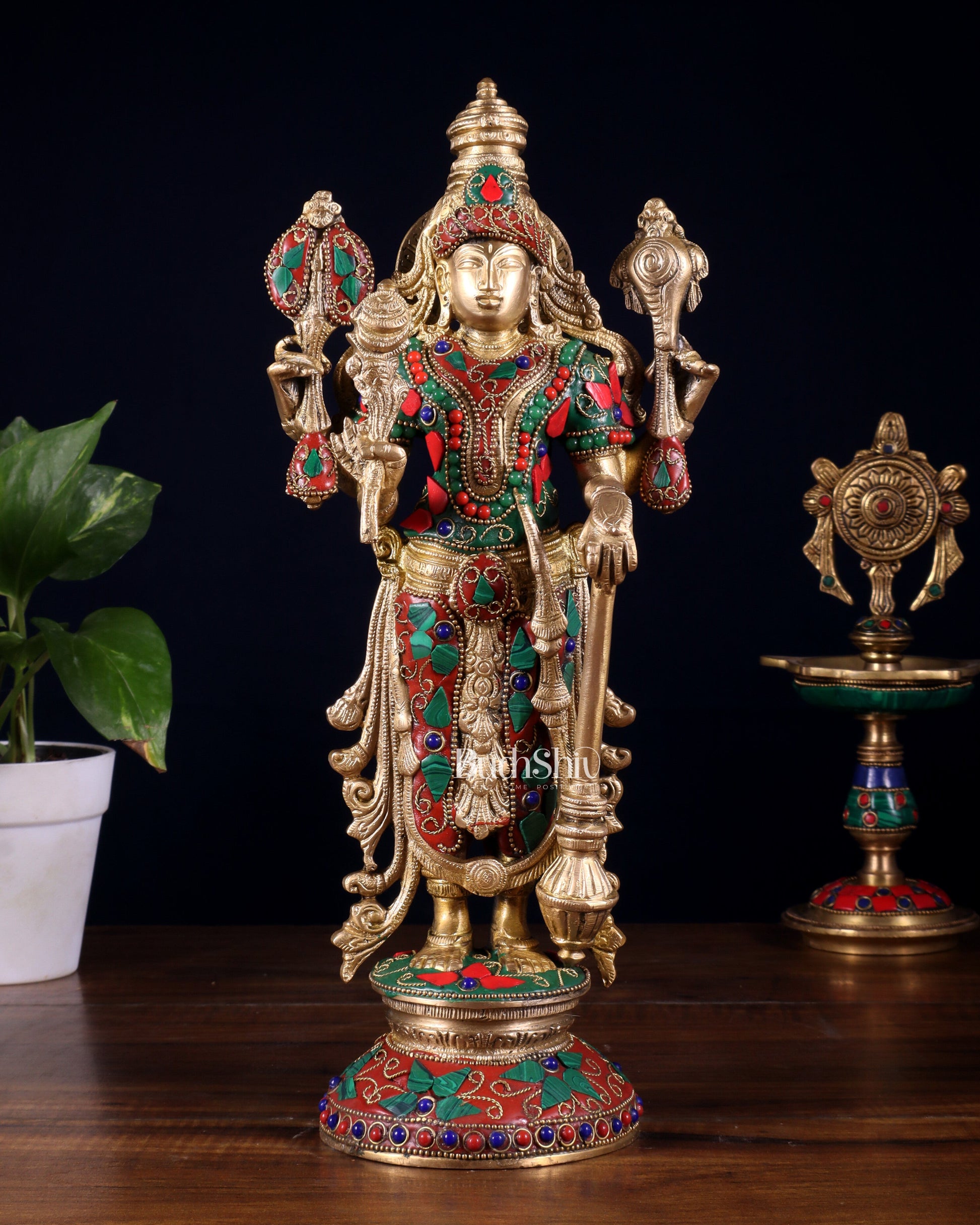 Pure Brass Standing Vishnu Statue with Meenakari Stonework – 12 Inch - Sama Homes Idol - Brass Sculpture - Eco-friendly - Sama Homes