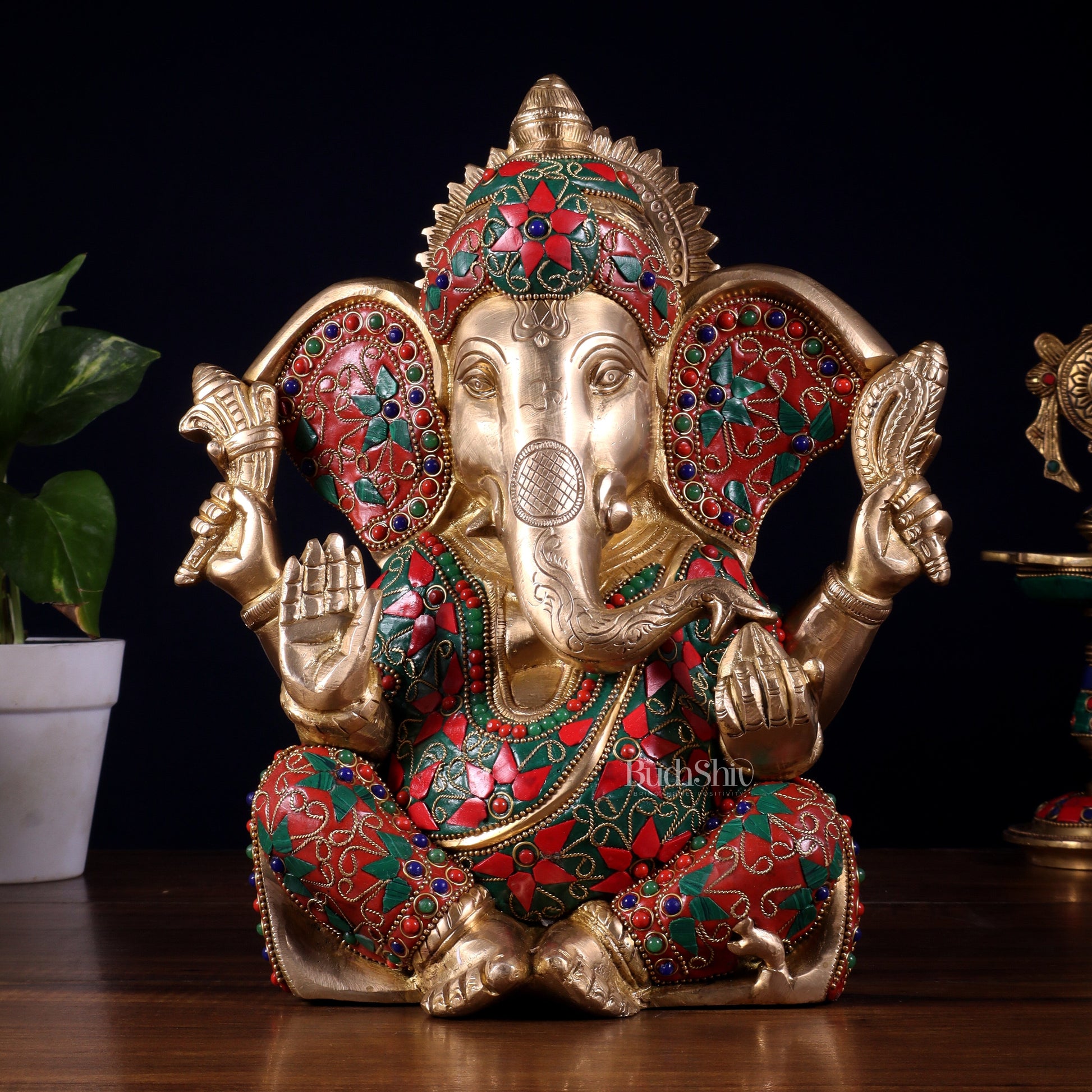Brass Lord Ganesha Statue with Floral Stonework - 10" | 100% Certified Copper & Brass - Sama Homes Idol - Brass Sculpture - Eco-friendly - Sama Homes