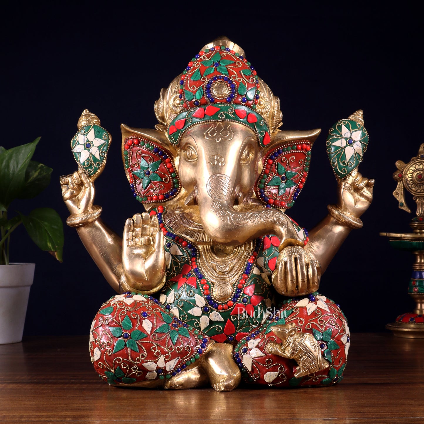 Pure Brass Crown Ganesha Statue – Sharp Features meenakari Stonework 13 inch - Sama Homes Idol - Brass Sculpture