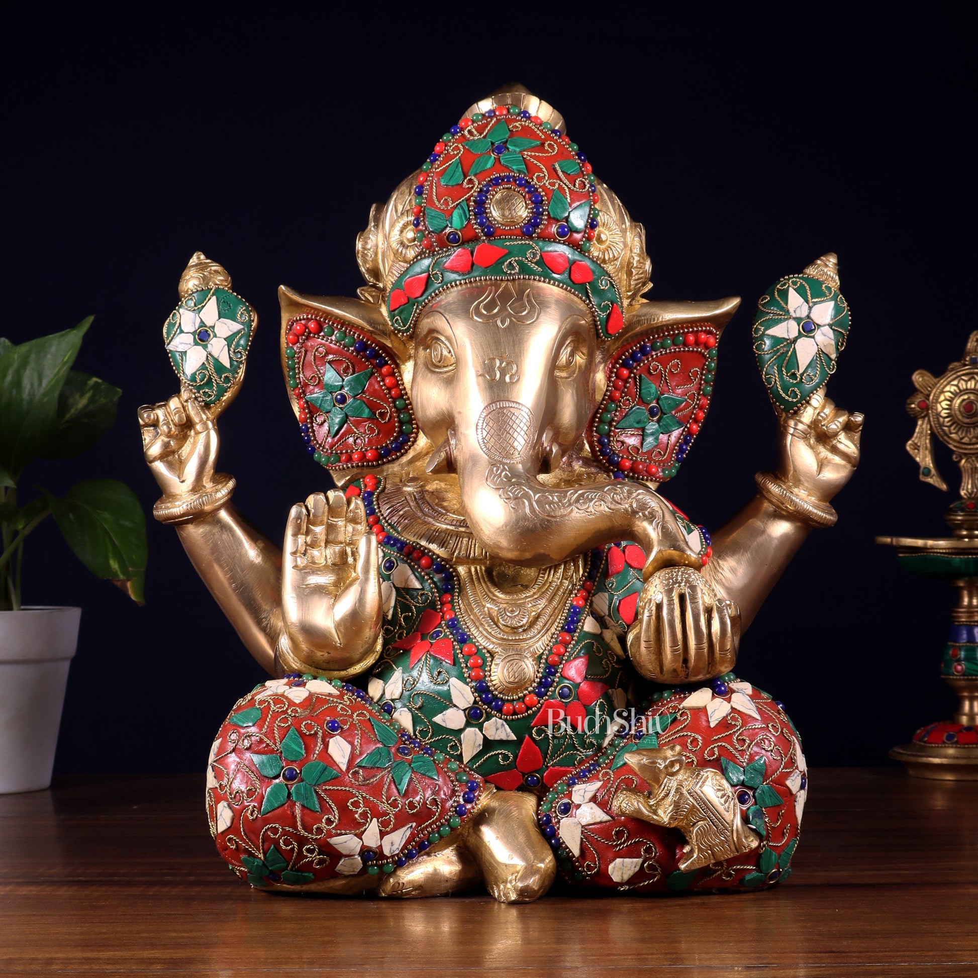 Pure Brass Crown Ganesha Statue – Sharp Features meenakari Stonework 13 inch - Sama Homes Idol - Brass Sculpture - Eco-friendly - Sama Homes