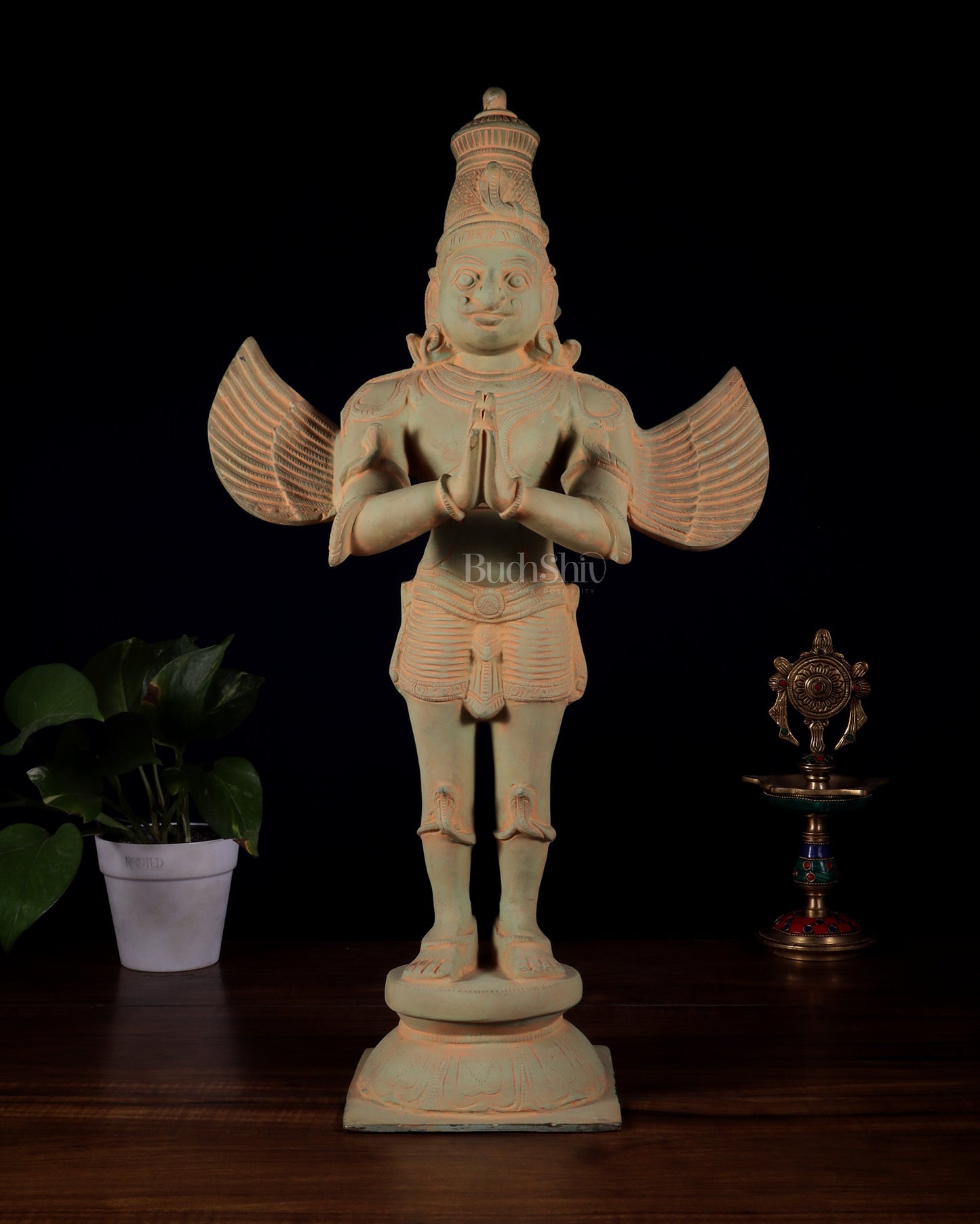 Brass Standing Garuda Dev Statue - 22 Inch Green sand patina | 100% Certified Copper & Brass - Sama Homes Idol - Brass Sculpture